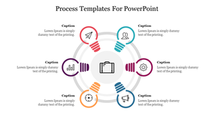 A PPT slide showcasing the business process with icons like a suitcase, graph, and gears, illustrating different stages.