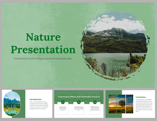 Slide deck featuring a scenic mountain landscape, focusing on nature conservation, reforestation, and sustainable practices.