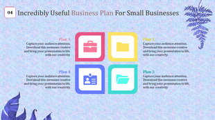 Colorful business plan slide with icons representing briefcase, folder, ID card, and documents for small business strategies.