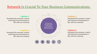 Network diagram with a purple center surrounded by a web of connecting lines, captions, and social icons at the bottom.