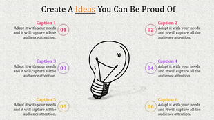 Creative PowerPoint slide featuring a central light bulb illustration surrounded by six numbered captions.