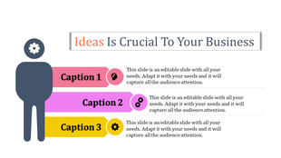 PPT slide featuring a silhouette with a gear icon, alongside three captions in colorful boxes representing business ideas.