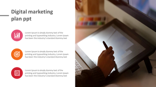Digital marketing slide with three icons in pink, orange, and red, and a person drawing on a tablet on the right.