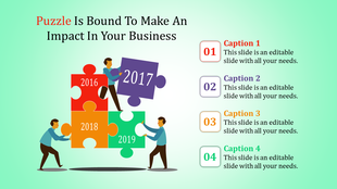 Puzzle themed PowerPoint template with characters placing puzzle pieces labeled with years and captions.