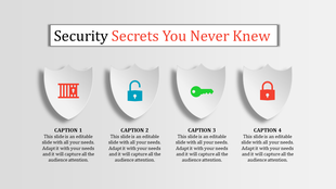 Four shields displaying icons for security concepts like imprisonment, unlocking, and key access in a minimalistic design.
