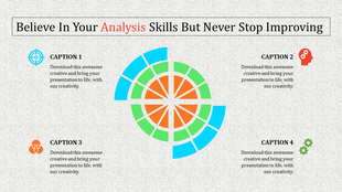 Circular segmented chart in blue, green, and orange with four captions and icons on a textured gray background.