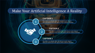 Slide featuring a robotic AI face, with three circular steps, on a dark blue glowing futuristic design.