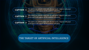 Artificial Intelligence PowerPoint slide with three captions above an image of a digital face, symbolizing AI technology.