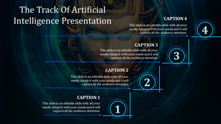 Artificial Intelligence PowerPoint slide with four numbered captions and arrows, featuring a digital face in the background.