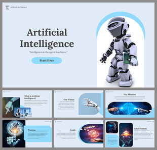 Artificial Intelligence slides featuring a robot, mission, vision, and goals of AI with futuristic graphics.