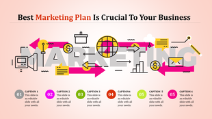 Dynamic marketing plan template with bold graphics, arrows, and icons emphasizing key strategies for business success.