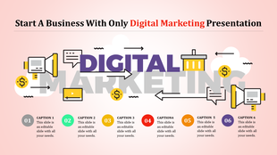 A large title with arrows and icons related to business, with six colorful numbered captions at the bottom.