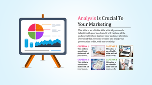 Marketing analysis PowerPoint template featuring a chart on an easel and four captions with visuals.