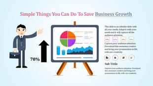 Business growth illustration with a chart and businessman showing an upward arrow and percentage increase.