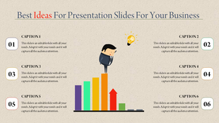 Creative ideas PPT slide showcasing six numbered captions, a bar graph, and a character with a light bulb.