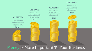 Stacked coins illustration showing financial growth from 2016 to 2019 with the caption on a grey and light green backdrop.