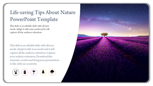 Nature themed PowerPoint template with a purple lavender field and a single tree in the distance with placeholder text.