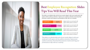 Professional employee recognition slide featuring a smiling individual and performance metrics with colorful captions.
