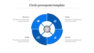 Circle infographic in blue, divided into four labeled segments with business icons and captions around the diagram.