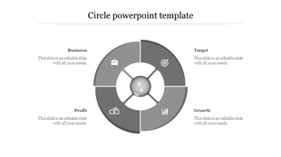 Monochrome circle PPT template with four sections from Business to Growth, each with a grey icon.