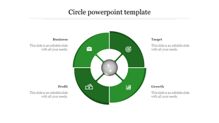 Green circular diagram divided into four sections with icons and captions, connected at the center.