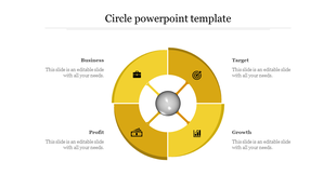 Circle infographic in gold, divided into four segments with business icons and captions positioned around the diagram.
