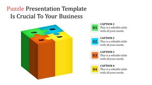 3D puzzle cube with vibrant colored sections labeled as captions, emphasizing interconnected business concepts.