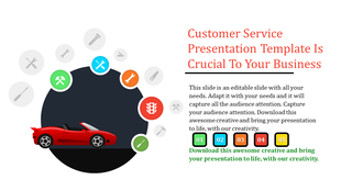 Creative presentation template highlighting customer service with icons, a car illustration, and captions.