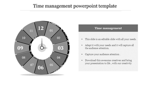 Gray circular diagram split into twelve segments with a central clock face, and a text box on the right.