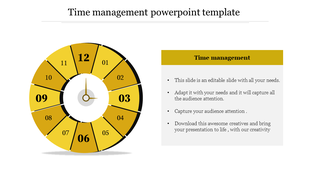 Time management PPT slide with a yellow clock design divided into 12 sections, each labeled with numbers and a text box.