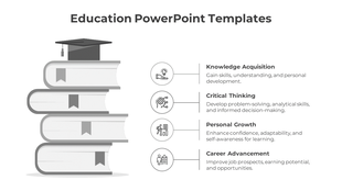 Education slide with a grey stack of books and icons from knowledge acquisition to career advancement with a graduation cap.