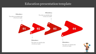 Education PPT slide with red arrows representing the steps in the learning process, including icons on a white backdrop.