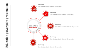 Educational flowchart featuring a central white circle with the word branching out to five red icons and text placeholders.