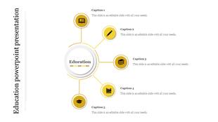 Education PowerPoint presentation template with a central circle labeled and five related captions with yellow icons.