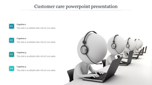 Call center concept showing white 3D figures wearing headsets, working on laptops, with four blue captions on the left.
