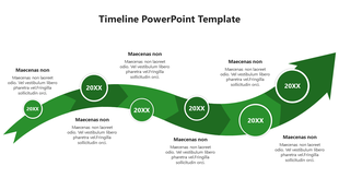 Timeline template displaying an arrow path with five milestones, labeled '20XX' each surrounded by text boxes. 