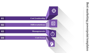 Marketing infographic with four numbered purple horizontal bars and icons placed in white backdrop.