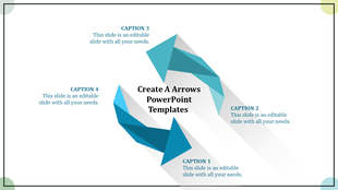 Two blue 3D arrows pointing diagonally, with four captions surrounding a white background and faint green corner accents.