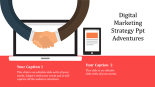 Digital marketing strategy PPT slide featuring a handshake graphic within a laptop screen and a smartphone icon on the side.