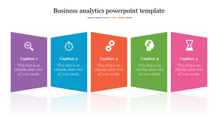 Business analytics PowerPoint template with five colorful panels, each containing icons and captions.