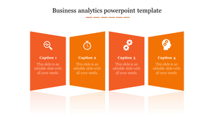 Business analytics template with four orange tilted panels, each featuring an icon, caption, and description.