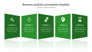 Business analytics template with five green panels, each showing icons for different analytics concepts.