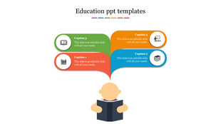 Education infographic with a student reading a book, connected to four colorful speech bubble shaped caption boxes.