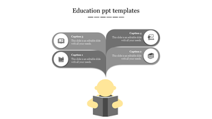 Education PPT slide with four grey sections connected to a central figure holding a book, each labeled with different tasks.
