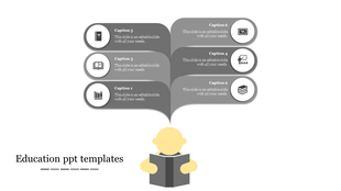 Gray themed slide showing six captions with icons linked to a figure reading a book at the bottom.