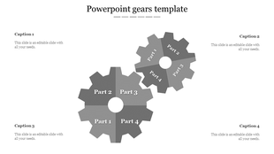 Dual gear design showing two gray gears with four labeled sections each, surrounded by four caption areas.