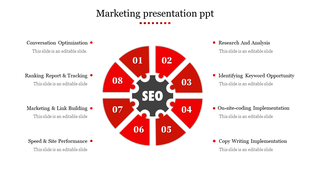 Marketing infographic showing a black gear, encircled by eight numbered red puzzle pieces, linked to caption areas.