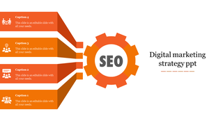 Digital marketing strategy PowerPoint template with orange steps leading to an SEO gear icon with captions.