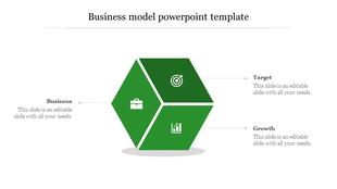 Hexagonal business model diagram with three green segments showing icons, with each to linked to caption areas.