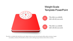 Red weight scale with a round analog dial, and two numbered text sections on the right on a white background.